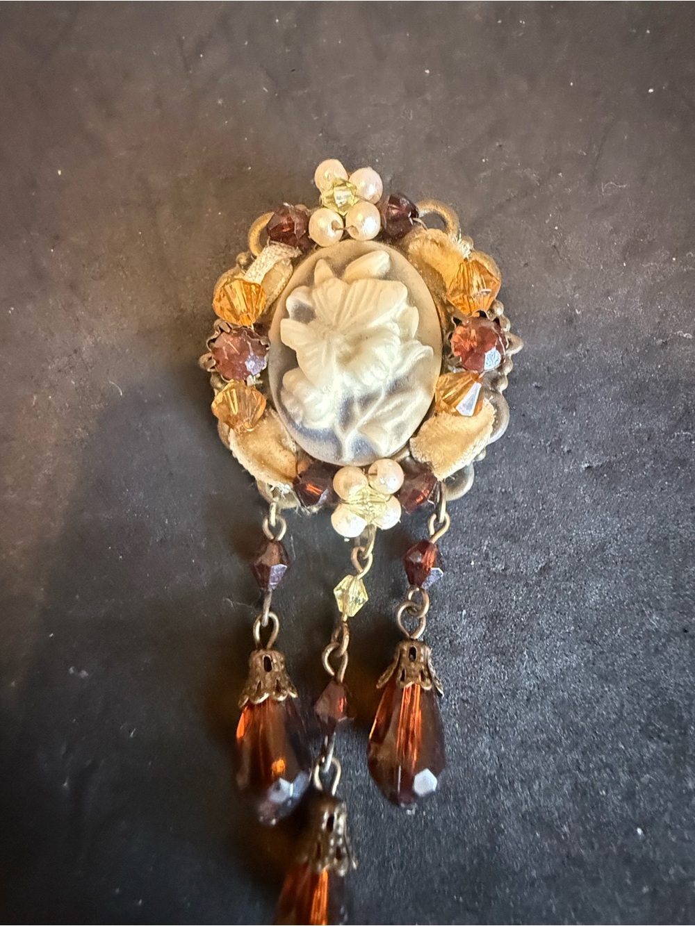 Source Unknown Cream Cameo Brooch with Amber and Gold Accents